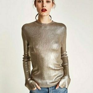 Zara Gold Foil Knit Crew Neck Top
